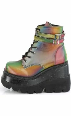 Demonia Shoes SHAKER-52 Rainbow Reflective Platform Ankle Boots