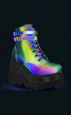 Demonia Shoes SHAKER-52 Rainbow Reflective Platform Ankle Boots
