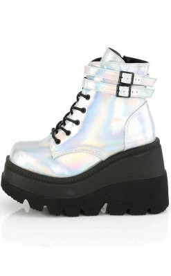 Demonia Shoes SHAKER-52 Silver Holographic Platform Ankle Boots