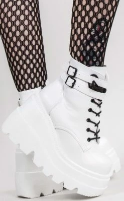 Demonia Shoes SHAKER-52 White Vegan Leather Platform Ankle Boots (Au Stock) 11 Demonia Shoes SHAKER-52 White Vegan Leather Platform Ankle Boots (Au Stock)
