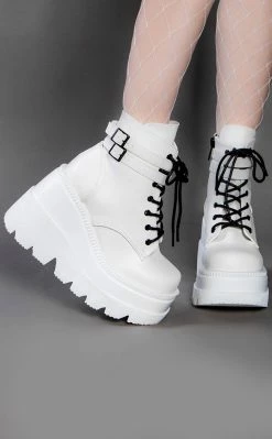 Demonia SHAKER-52 White Vegan Leather Platform Ankle Boots Shoes