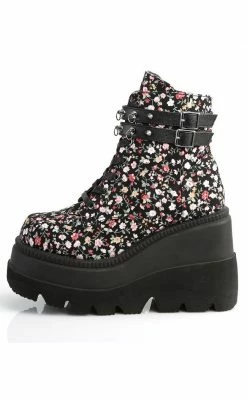 Demonia Shoes SHAKER-52ST Floral Fabric Platform Ankle Boots