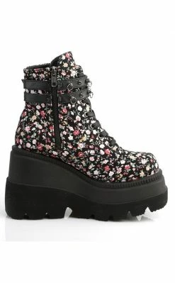 Demonia Shoes SHAKER-52ST Floral Fabric Platform Ankle Boots
