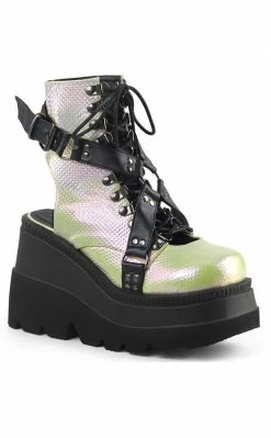 Demonia SHAKER-56 Green Iridescent Platform Ankle Boots