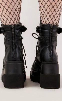Demonia Shoes SHAKER-60 Black Vegan Leather Platform Ankle Boots