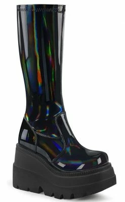 Demonia Shoes SHAKER-65 Black Holographic Knee High Platform Boots