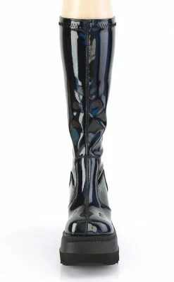 Demonia Shoes SHAKER-65 Black Holographic Knee High Platform Boots