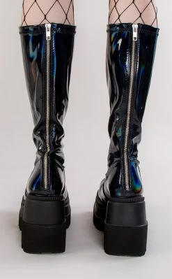 Demonia Shoes SHAKER-65 Black Holographic Knee High Platform Boots