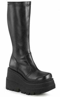 Demonia SHAKER-65 Black Vegan Leather Knee High Platform Boots (AU Stock) Shoes