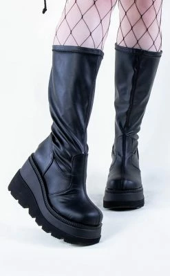 Demonia Plus Size SHAKER-65WC Black Vegan Leather Knee High Platform Boots | Wide Calf (Au Stock)