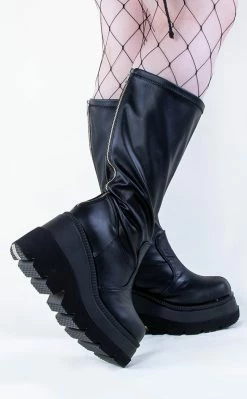 Demonia Plus Size SHAKER-65WC Black Vegan Leather Knee High Platform Boots | Wide Calf