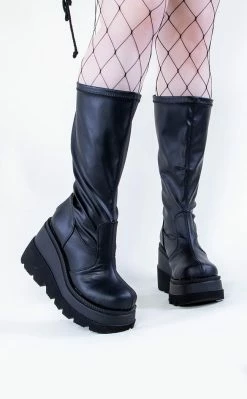 Demonia Plus Size SHAKER-65WC Black Vegan Leather Knee High Platform Boots | Wide Calf
