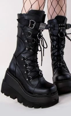 Demonia Shoes SHAKER-70 Black Vegan Leather Platform Boots