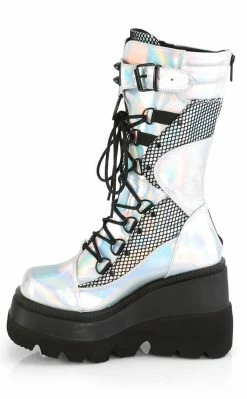 Demonia Shoes SHAKER-70 Silver Holographic Platform Boots