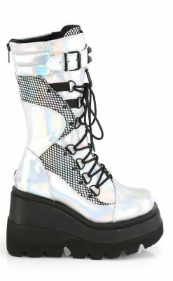 Demonia Shoes SHAKER-70 Silver Holographic Platform Boots