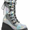 Demonia Shoes SHAKER-70 Silver Holographic Platform Boots
