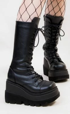 Demonia Shoes SHAKER-72 Black Vegan Leather Platform Boots