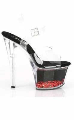Pleaser SKY-308WHG Clr/Black/Red Glitter Pole Shoes
