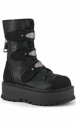 Demonia SLACKER-101 Black Vegan Leather & Canvas Platform Ankle Boots Platform Shoes