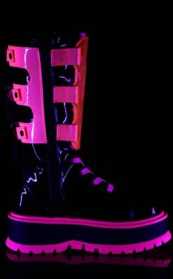 Demonia SLACKER-156 Black Patent & UV Pink Platform Boots Shoes