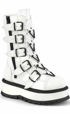 Demonia Shoes SLACKER-160 White Vegan Leather Platform Boots