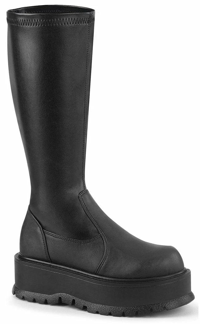 Demonia Shoes SLACKER-200 Black Vegan Leather Knee High Platform Boots 3 Demonia Shoes SLACKER-200 Black Vegan Leather Knee High Platform Boots