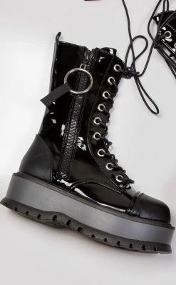 Demonia SLACKER-220 Black Patent Platform Ankle Boots (Outer Zip)