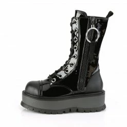 Demonia SLACKER-220 Black Patent Platform Ankle Boots (Outer Zip)