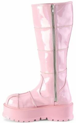 Demonia SLACKER-230 Baby Pink Holographic Knee High Platform Boots