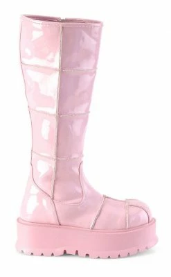 Demonia SLACKER-230 Baby Pink Holographic Knee High Platform Boots