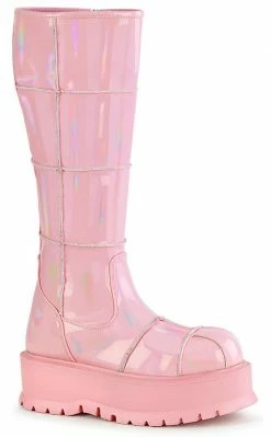 Demonia SLACKER-230 Baby Pink Holographic Knee High Platform Boots