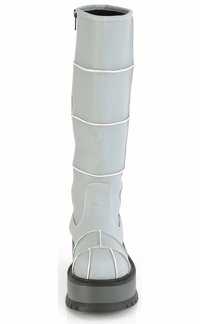 Demonia Shoes SLACKER-230 Grey Reflective Knee High Platform Boots 4 Demonia Shoes SLACKER-230 Grey Reflective Knee High Platform Boots
