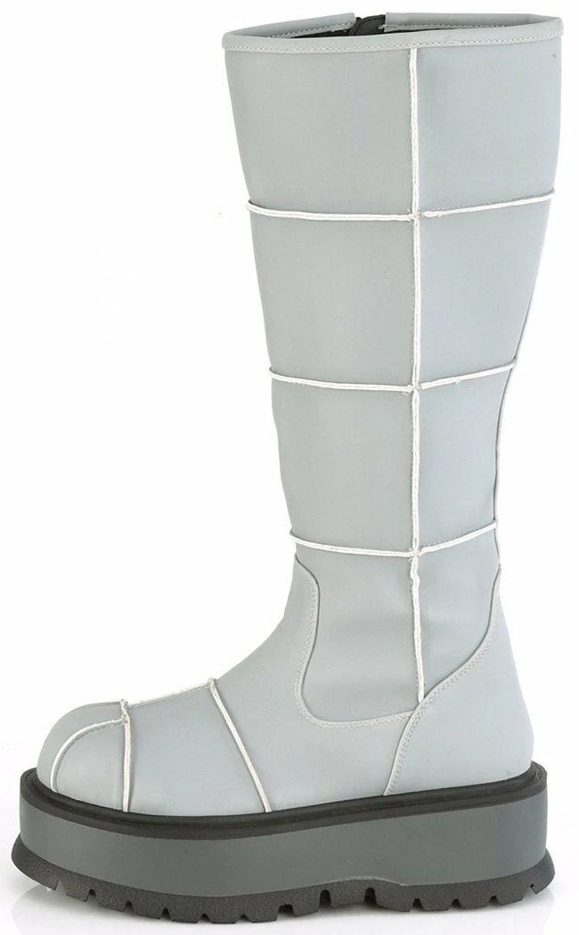 Demonia Shoes SLACKER-230 Grey Reflective Knee High Platform Boots 5 Demonia Shoes SLACKER-230 Grey Reflective Knee High Platform Boots