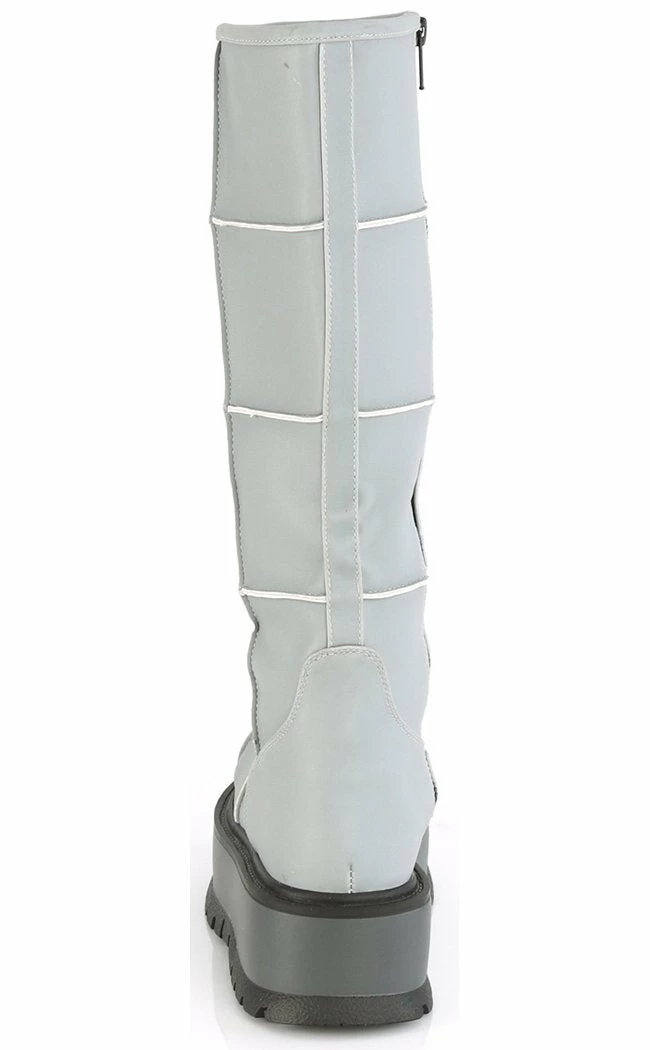 Demonia Shoes SLACKER-230 Grey Reflective Knee High Platform Boots 6 Demonia Shoes SLACKER-230 Grey Reflective Knee High Platform Boots