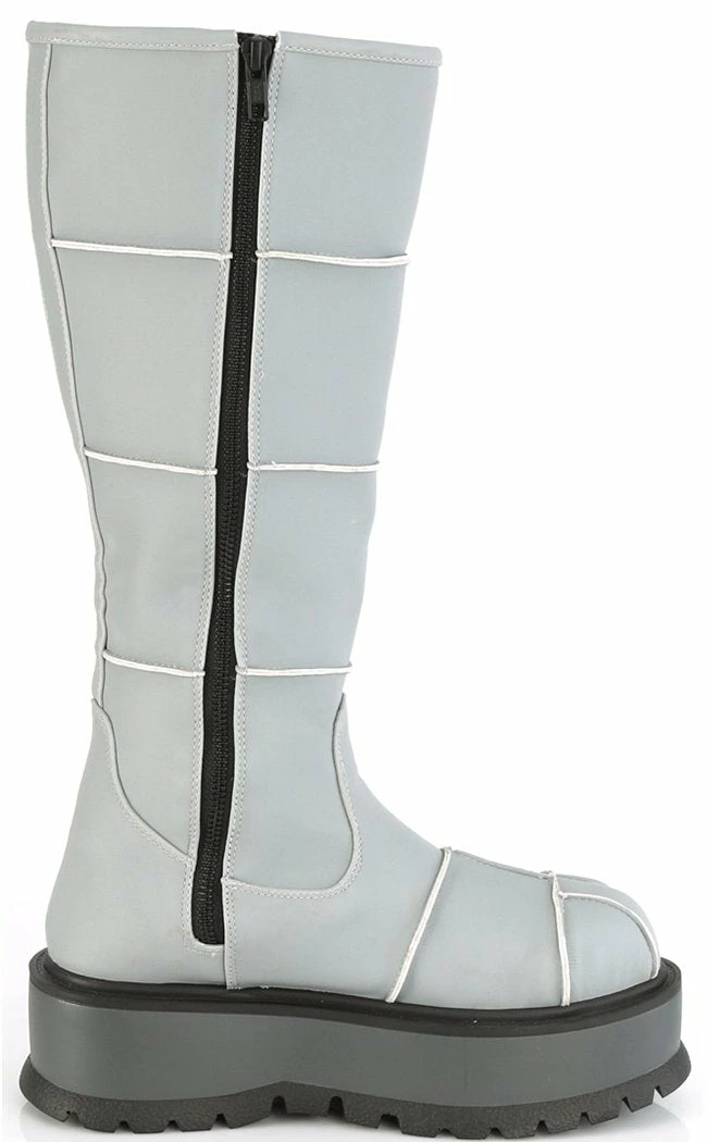 Demonia Shoes SLACKER-230 Grey Reflective Knee High Platform Boots 7 Demonia Shoes SLACKER-230 Grey Reflective Knee High Platform Boots