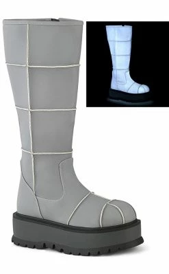 Demonia Shoes SLACKER-230 Grey Reflective Knee High Platform Boots