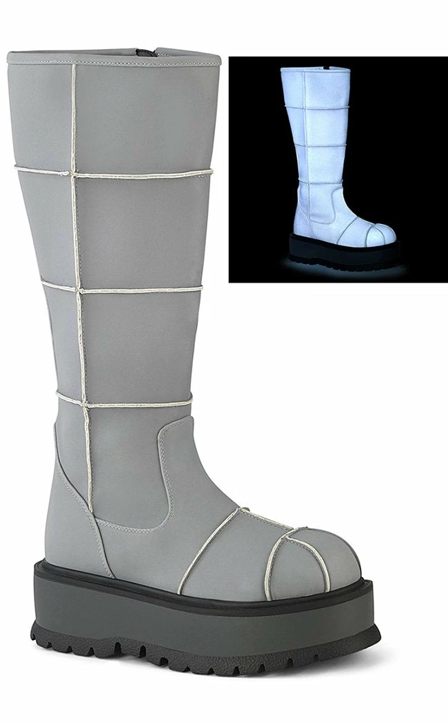 Demonia Shoes SLACKER-230 Grey Reflective Knee High Platform Boots 3 Demonia Shoes SLACKER-230 Grey Reflective Knee High Platform Boots
