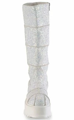 Demonia Shoes SLACKER-230 White Glitter Knee High Platform Boots