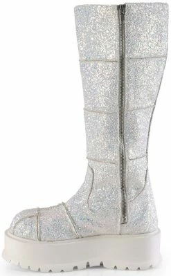 Demonia Shoes SLACKER-230 White Glitter Knee High Platform Boots