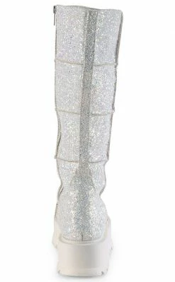 Demonia Shoes SLACKER-230 White Glitter Knee High Platform Boots