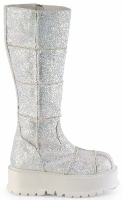 Demonia Shoes SLACKER-230 White Glitter Knee High Platform Boots