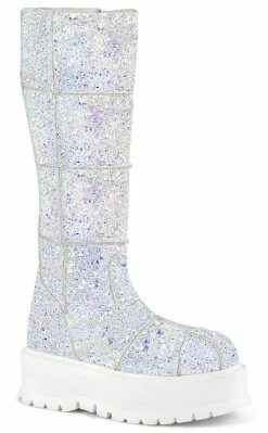 Demonia Shoes SLACKER-230 White Glitter Knee High Platform Boots