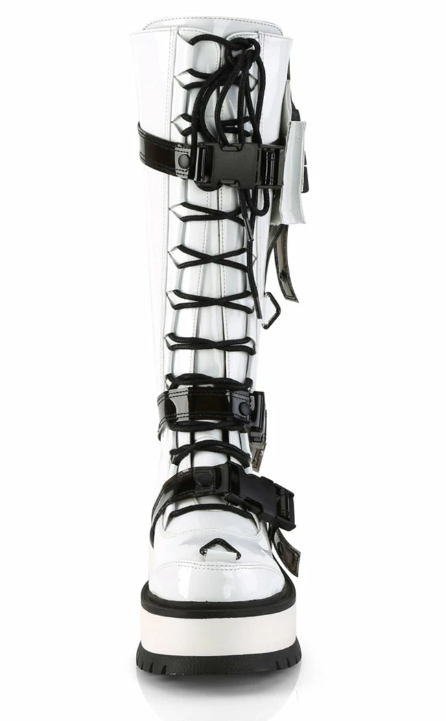 Demonia Shoes SLACKER-260 White Patent Knee High Platform Boots 4 Demonia Shoes SLACKER-260 White Patent Knee High Platform Boots