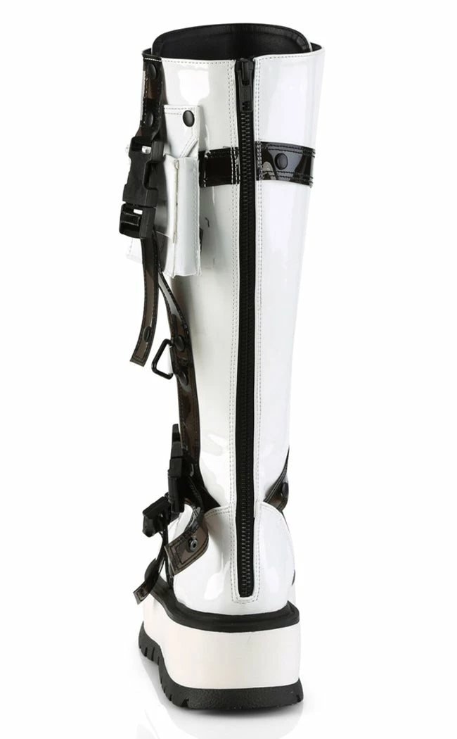 Demonia Shoes SLACKER-260 White Patent Knee High Platform Boots 6 Demonia Shoes SLACKER-260 White Patent Knee High Platform Boots