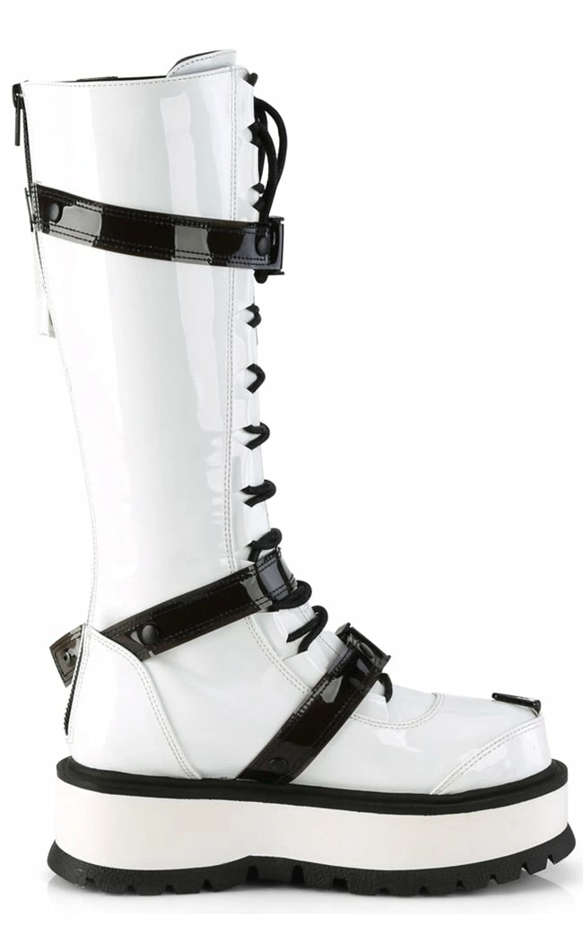 Demonia Shoes SLACKER-260 White Patent Knee High Platform Boots 7 Demonia Shoes SLACKER-260 White Patent Knee High Platform Boots