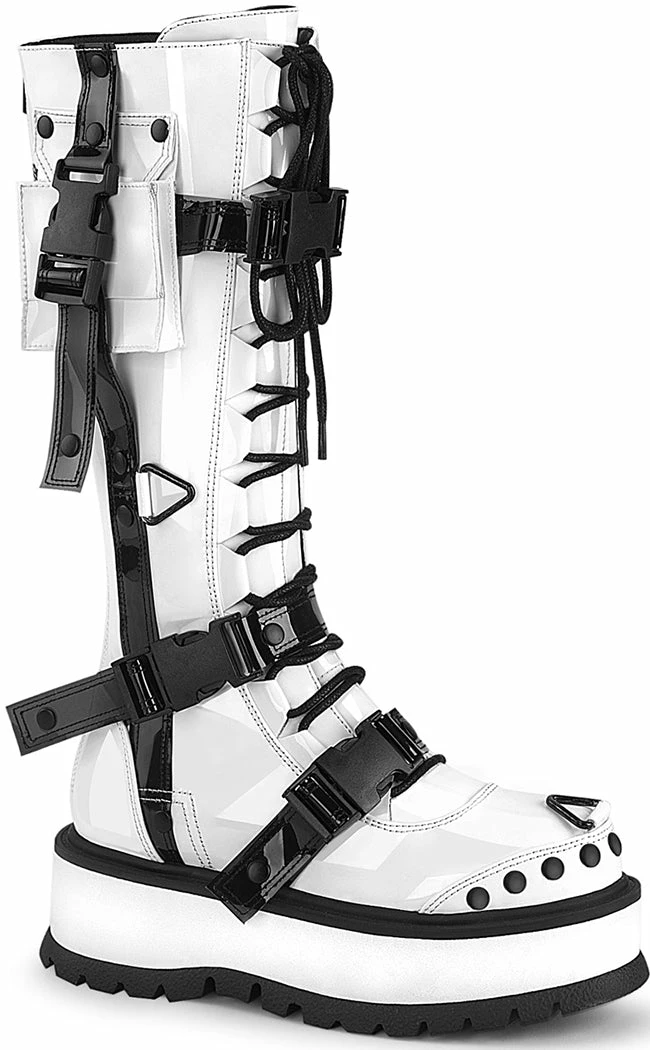 Demonia Shoes SLACKER-260 White Patent Knee High Platform Boots 3 Demonia Shoes SLACKER-260 White Patent Knee High Platform Boots
