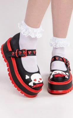 Demonia SLACKER-27 Black & Red Skull Mary Janes
