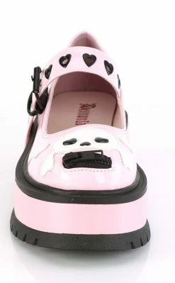 Demonia Best Selling Shoes SLACKER-27 Pink Holo Skull Mary Janes