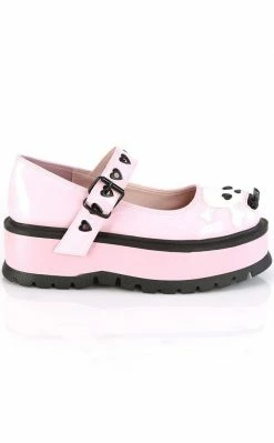 Demonia Best Selling Shoes SLACKER-27 Pink Holo Skull Mary Janes
