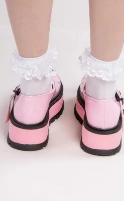 Demonia Best Selling Shoes SLACKER-27 Pink Holo Skull Mary Janes